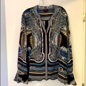 Hale Bob button down long sleeve with f ruffled cuffs, pleated center in back